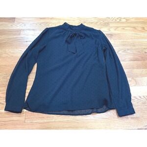 Aconiya Black Swiss Dot‎ Tie Neck Chiffon Blouse Long Sleeve Mock Neck M